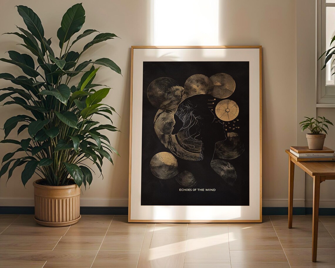 Echoes of the Mind Gold Black Cosmic Thought Surreal Art Poster