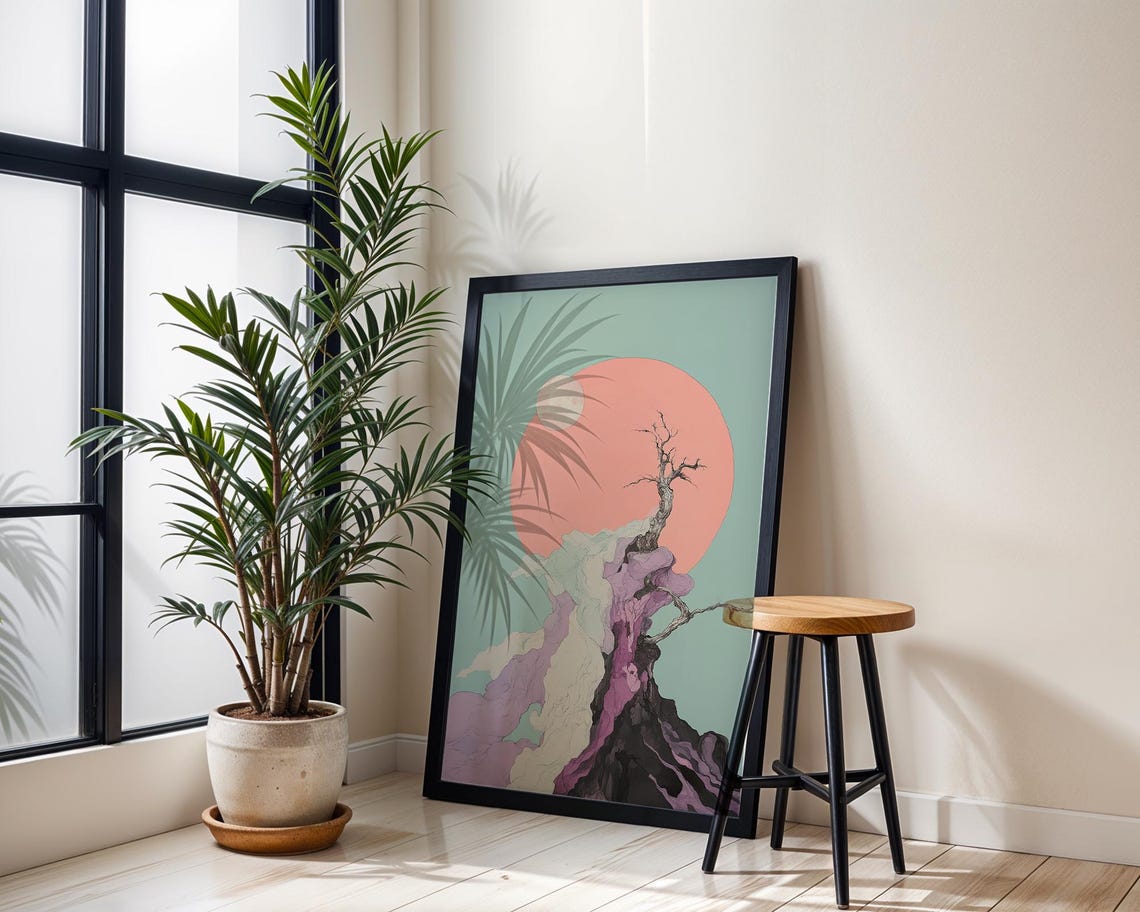 Surreal Lone Tree Pink Sun Mint Green Dream Landscape Wall Poster - Image 3