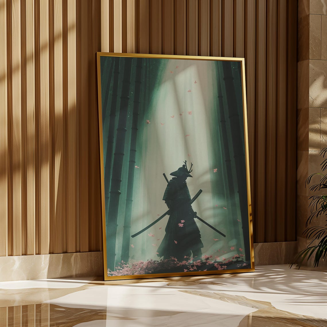 Samurai Bamboo Forest Mist Petals Warrior Silhouette Japan Art Poster - Image 5