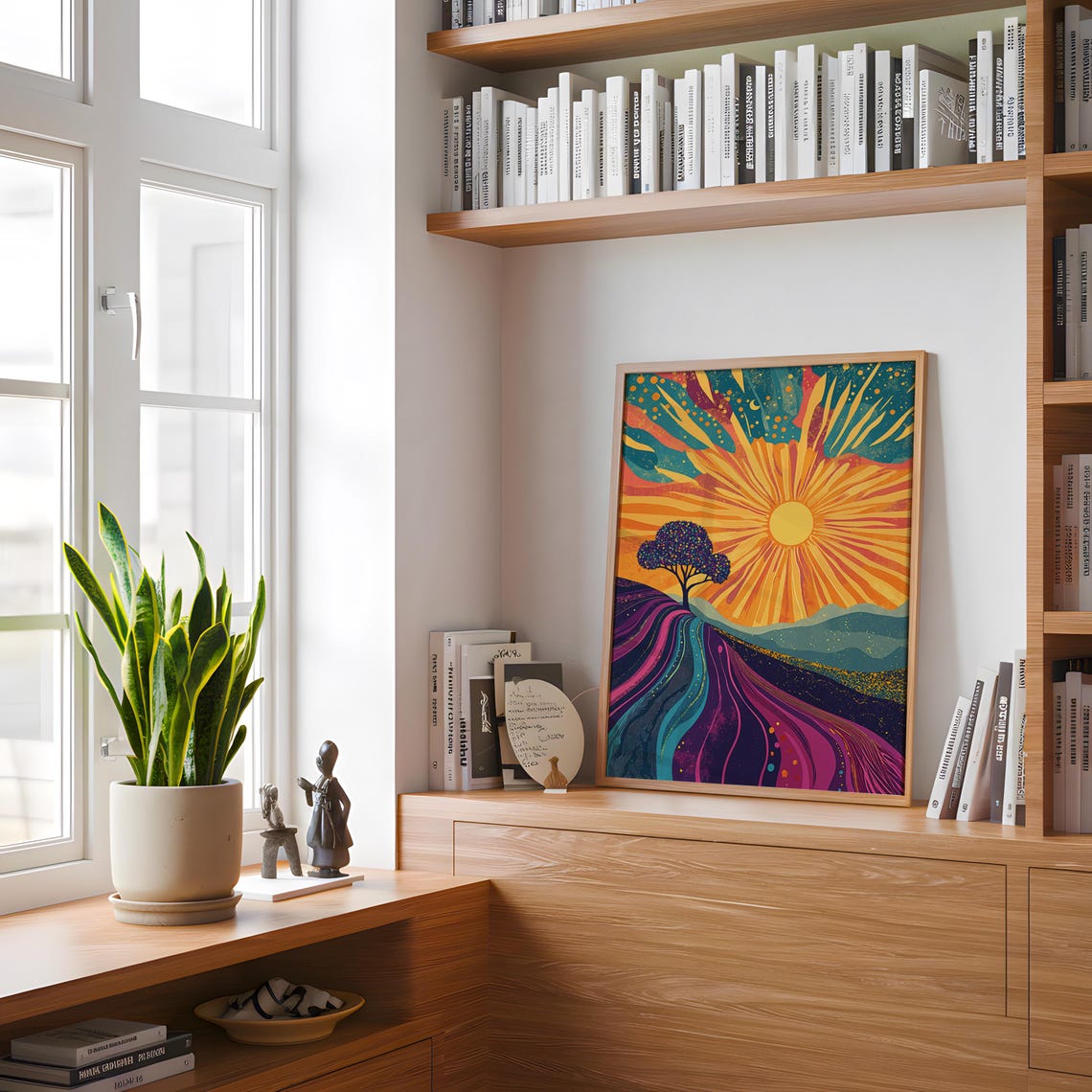 Radiant Sunburst Boho Landscape Tree Silhouette Psychedelic Art Poster - Image 2