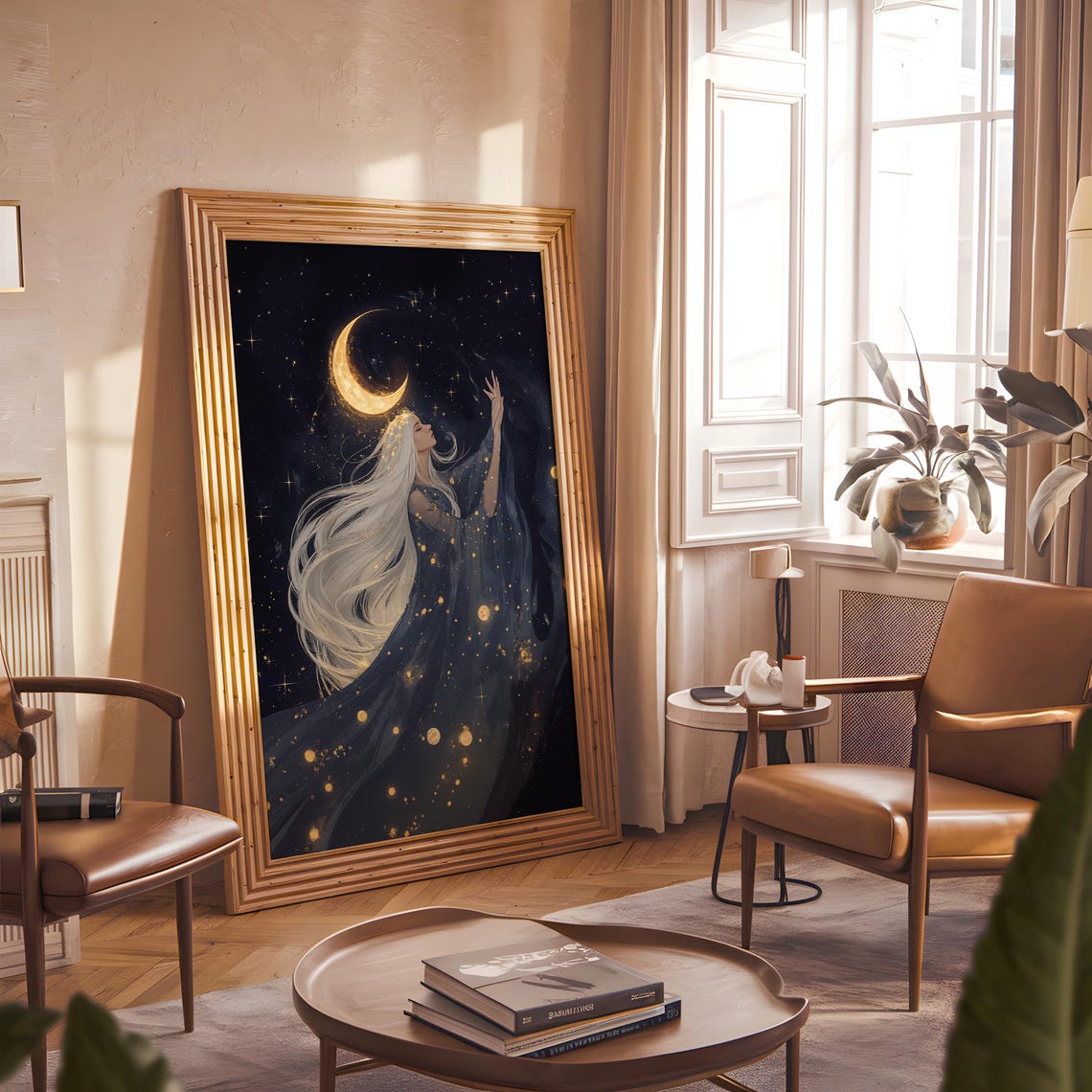 Moon Sorceress Reaching Crescent Moon Starry Night Fantasy Art Poster - Image 3