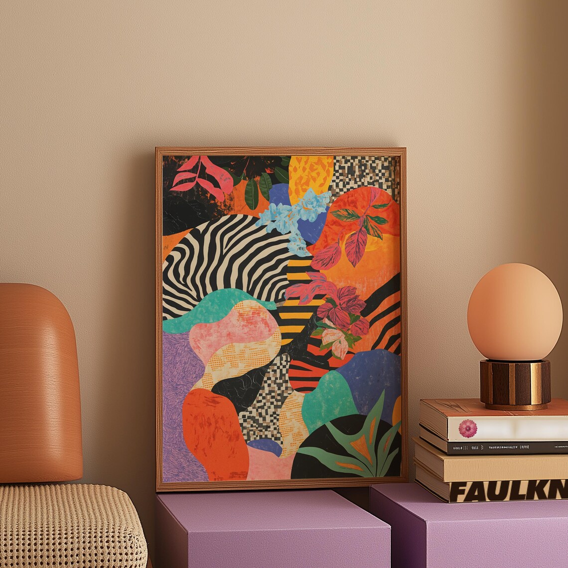 Maximalist Jungle Abstract Art Print Tropical Leaves Bold Animal Stripes Funky Pattern Wall Decor - Image 3