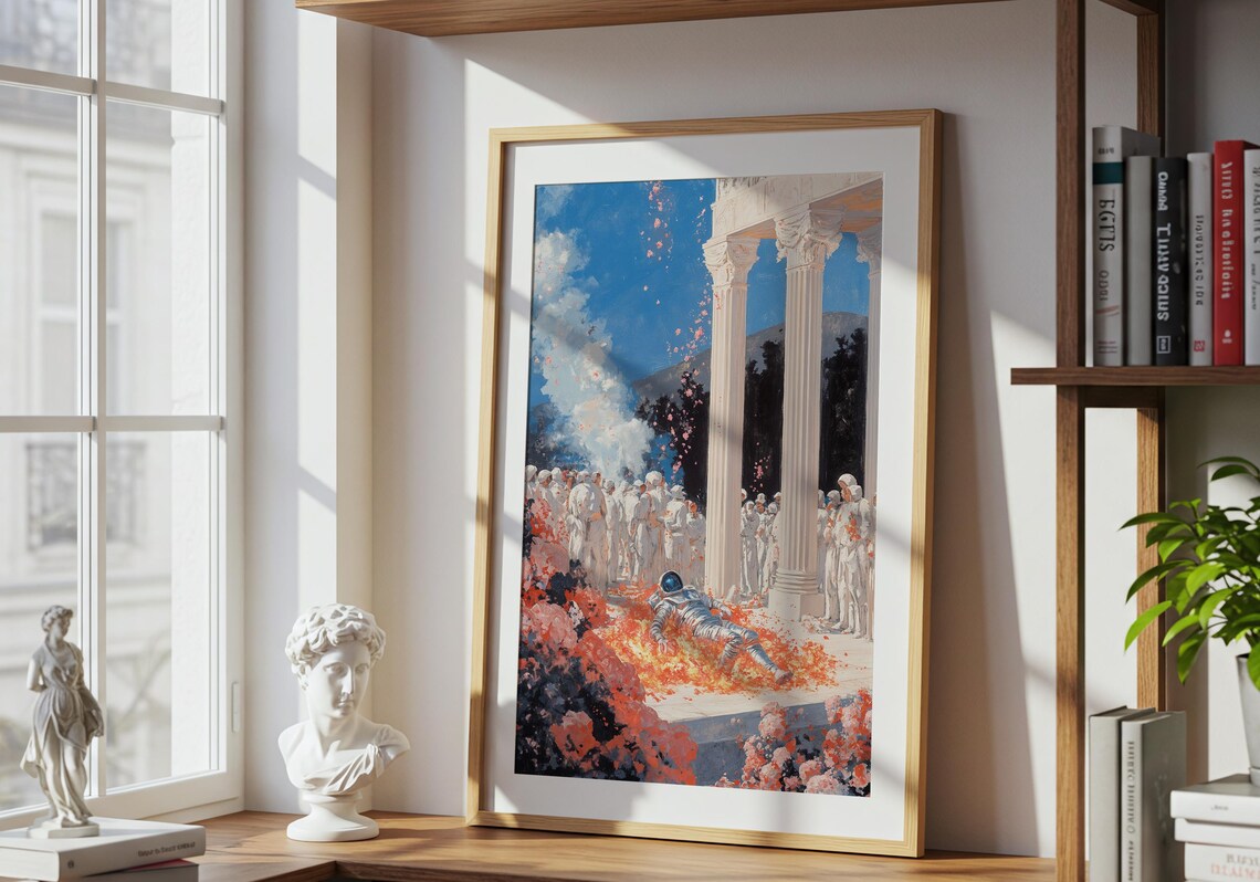 Astronaut Ritual Surreal Ceremony Burning Flowers Mythic Painting Poster - Image 3