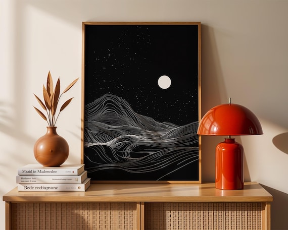 Moon Night White Line Mountains Minimalist Black Wall Poster