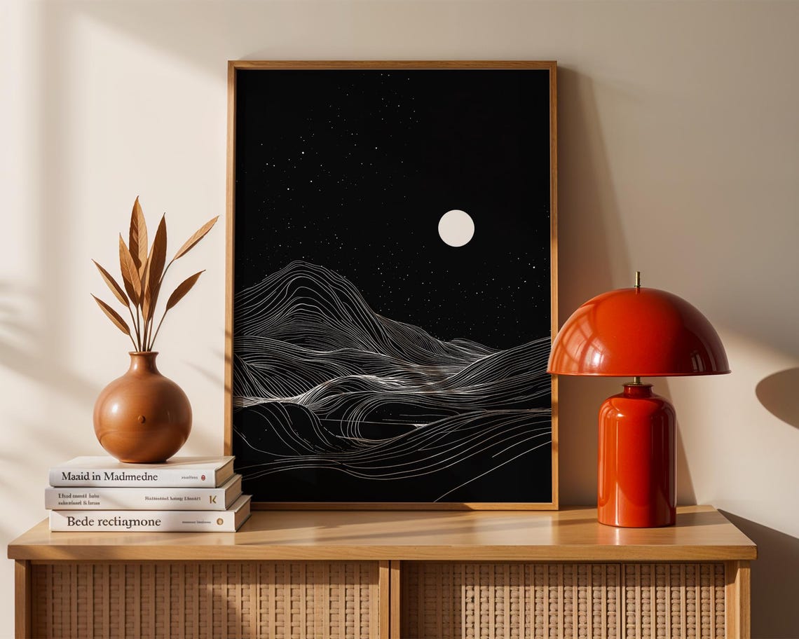Moon Night White Line Mountains Minimalist Black Wall Poster