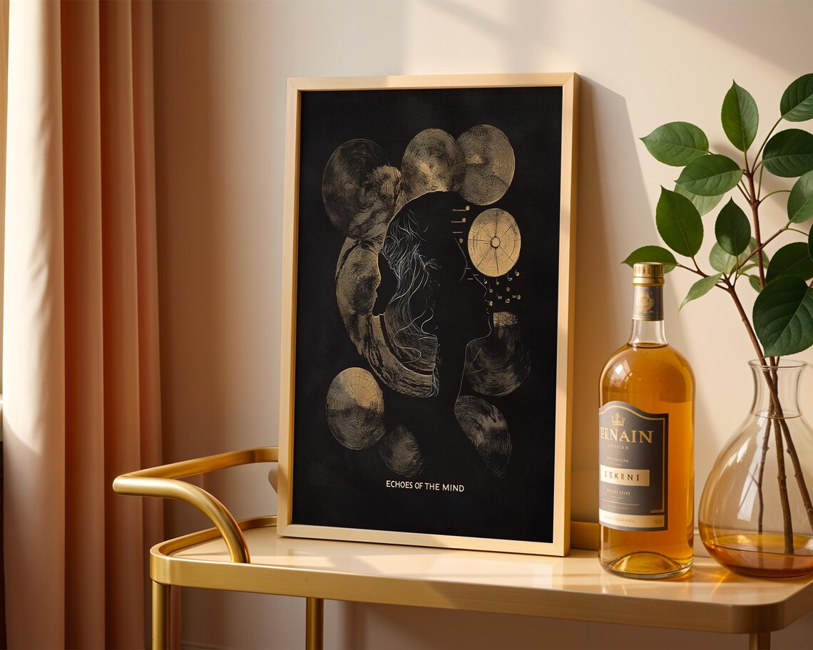 Echoes of the Mind Gold Black Cosmic Thought Surreal Art Poster - Image 5