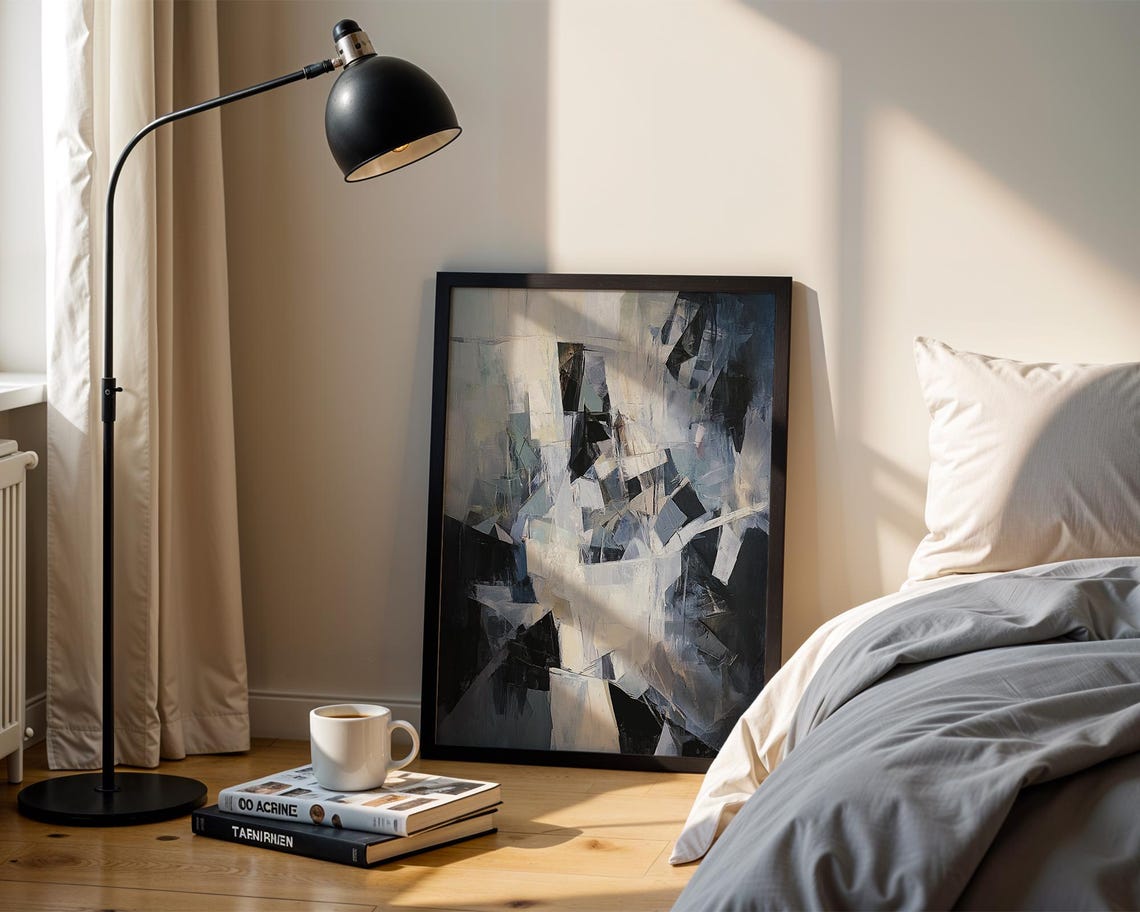 Monochrome Cubist Geometric Abstract Faceted Shapes Painting Poster - Image 5