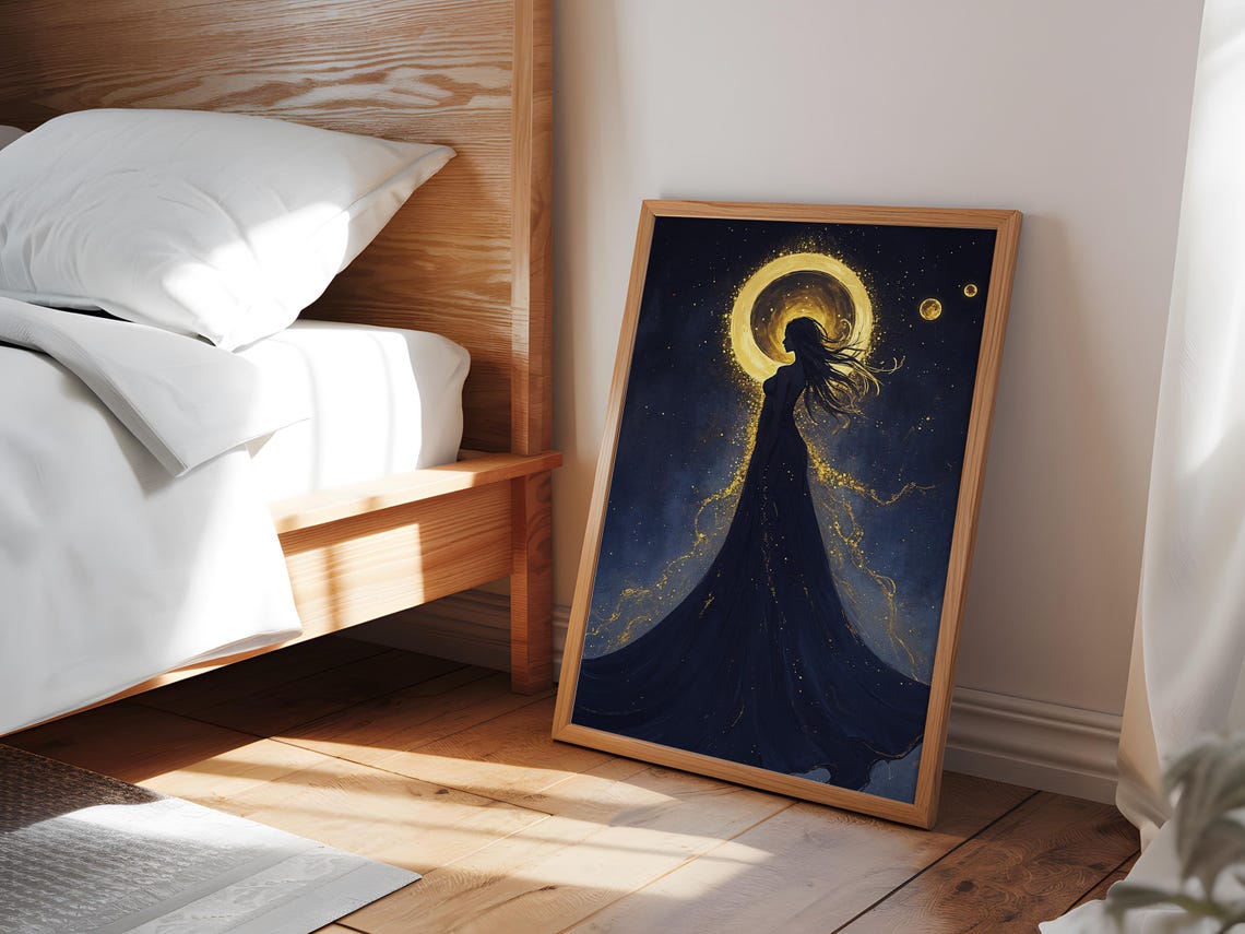 Golden Eclipse Goddess Woman Silhouette Starry Night Fantasy Poster - Image 5