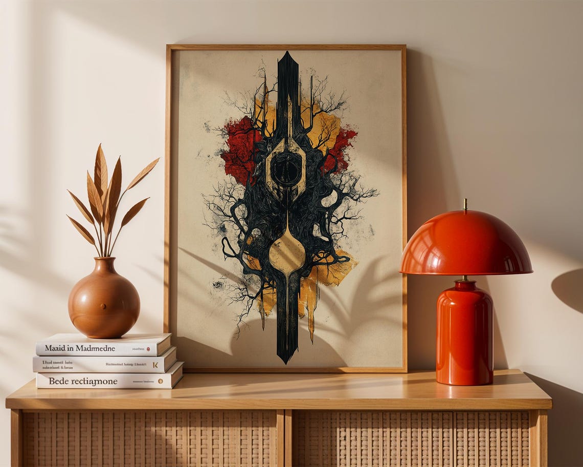Dark Symbolic Tree Abstract Emblem Red Gold Minimal Mystic Art Poster