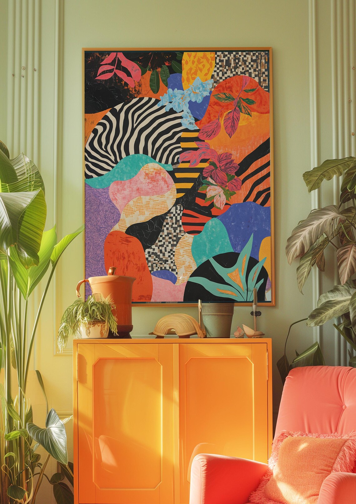 Maximalist Jungle Abstract Art Print Tropical Leaves Bold Animal Stripes Funky Pattern Wall Decor - Image 5