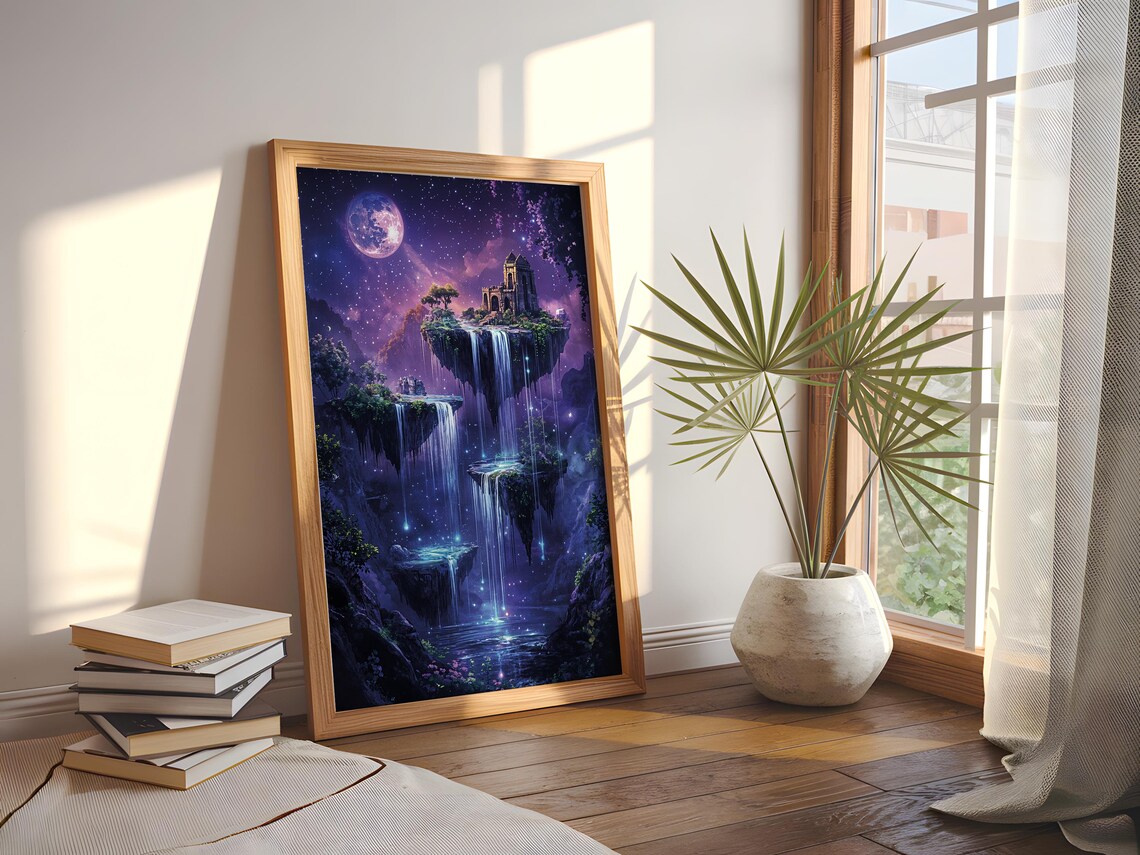 Floating Island Castle Waterfalls Purple Night Fantasy Poster - Image 2