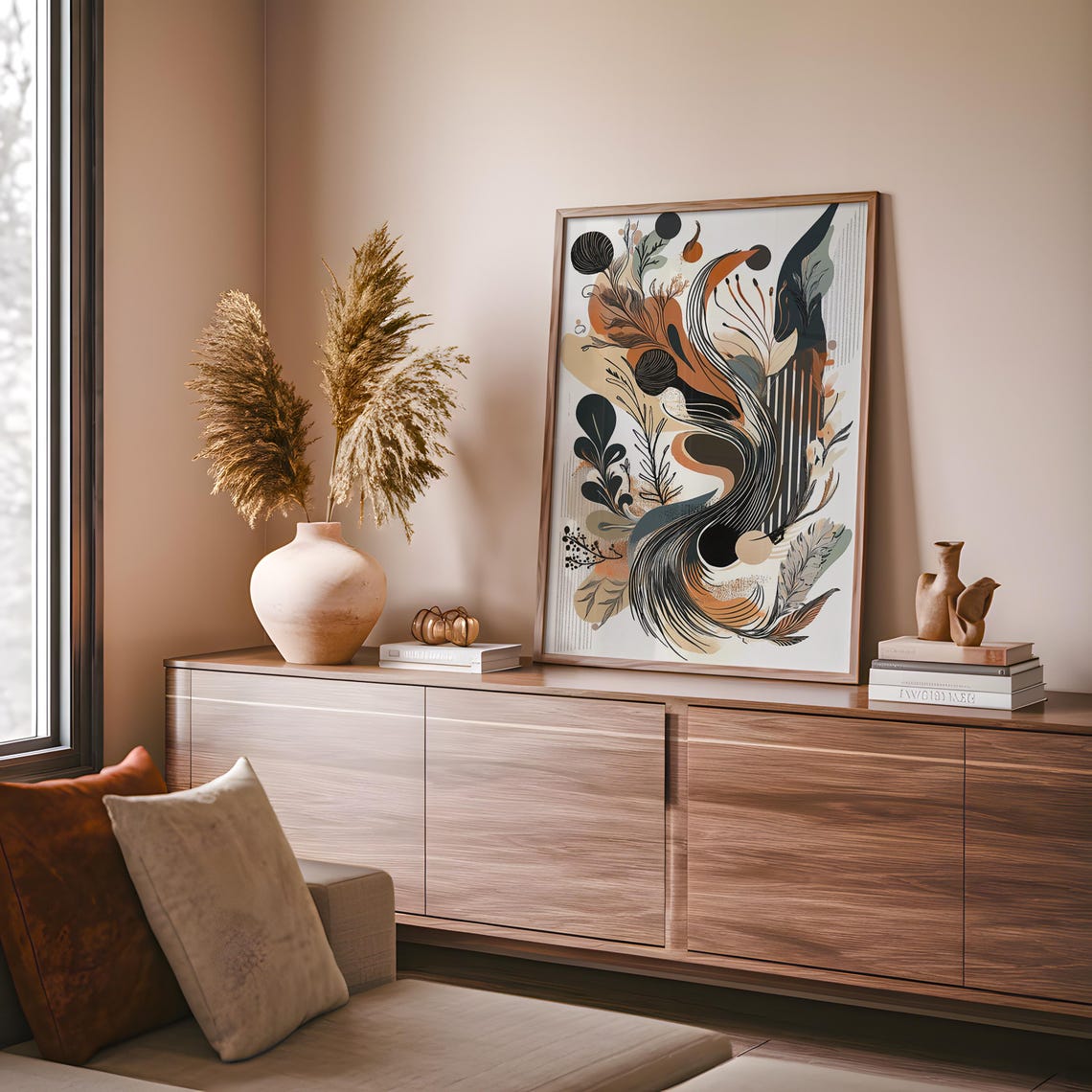 Orange Black Organic Swirl Botanical Flowing Abstract Art Poster - Image 4
