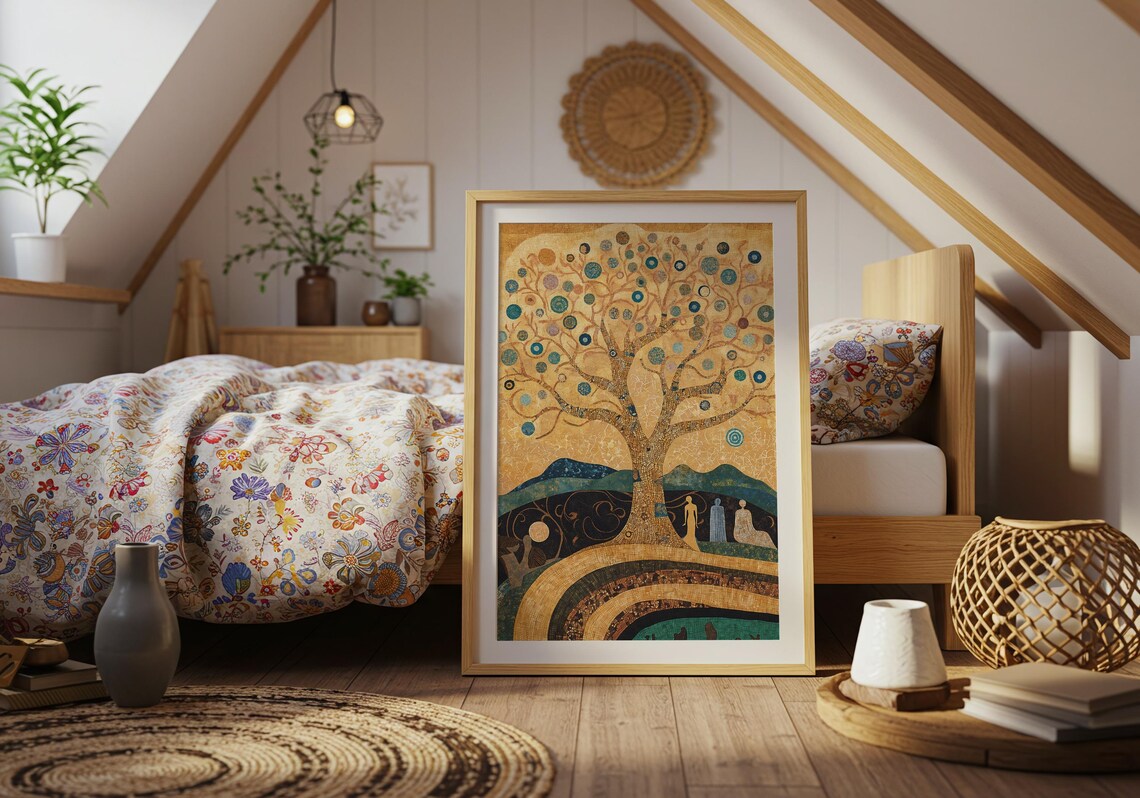 Golden Tree of Life Mosaic Teal Hills Fantasy Landscape Klimt Style Wall Art - Image 5