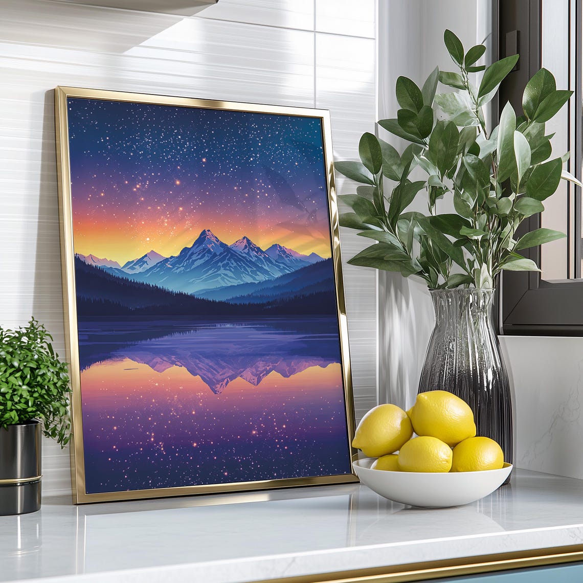 Starry Night Mountain Lake Sunset Reflection Landscape Poster - Image 2