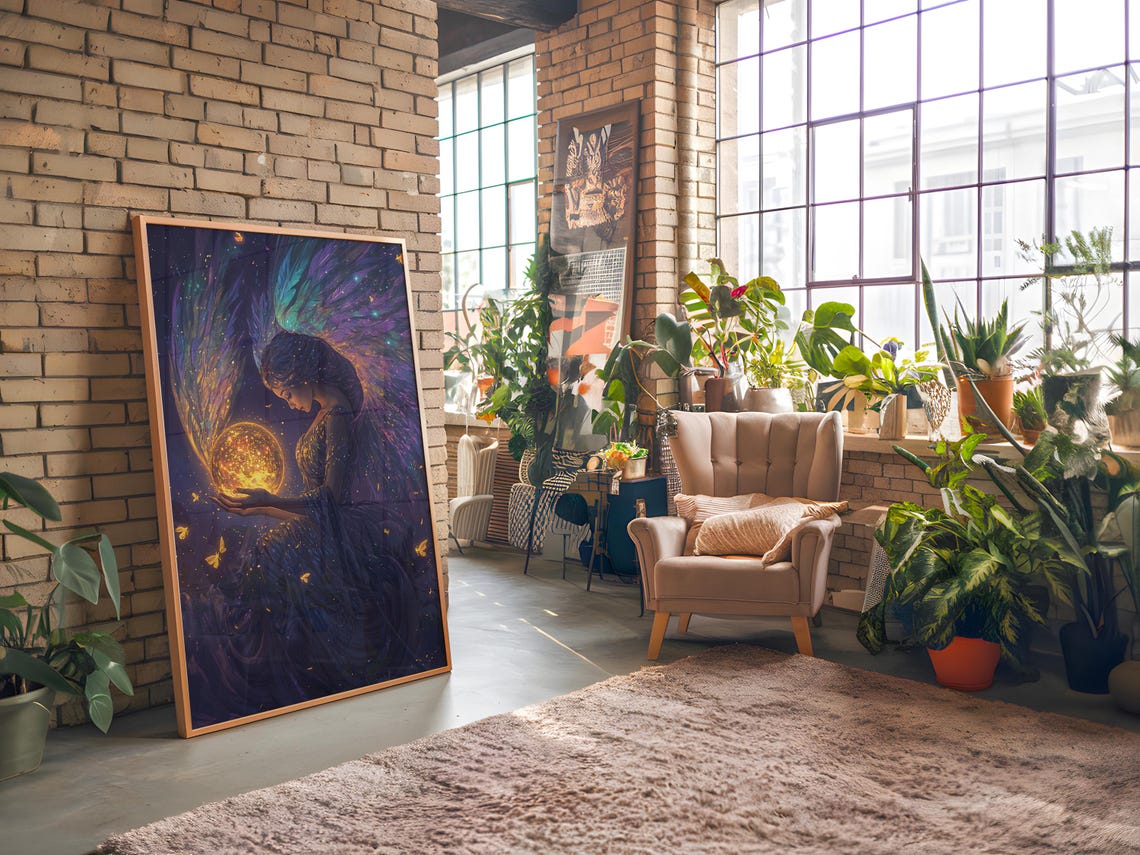 Angel Holding Glowing Moon Iridescent Wings Celestial Fantasy Poster - Image 3