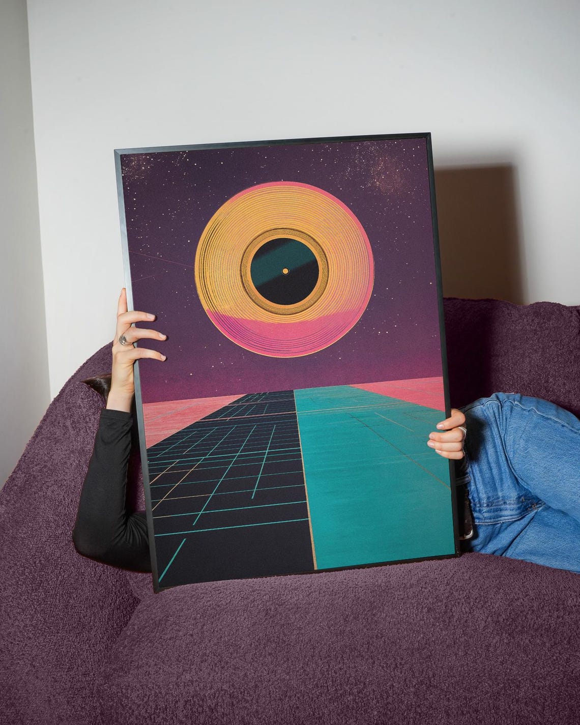 Synthwave Vinyl Record Sunset Neon Grid Retro Music Landscape Poster