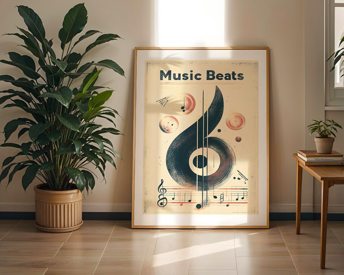Music Beats Vintage Treble Clef Guitar Strings Notes Illustration Poster