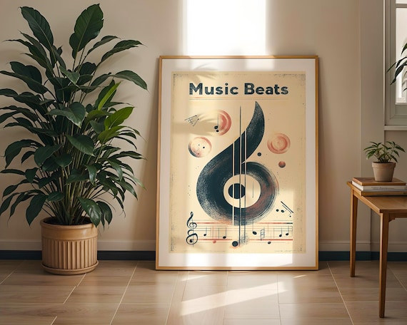 Music Beats Vintage Treble Clef Guitar Strings Notes Illustration Poster