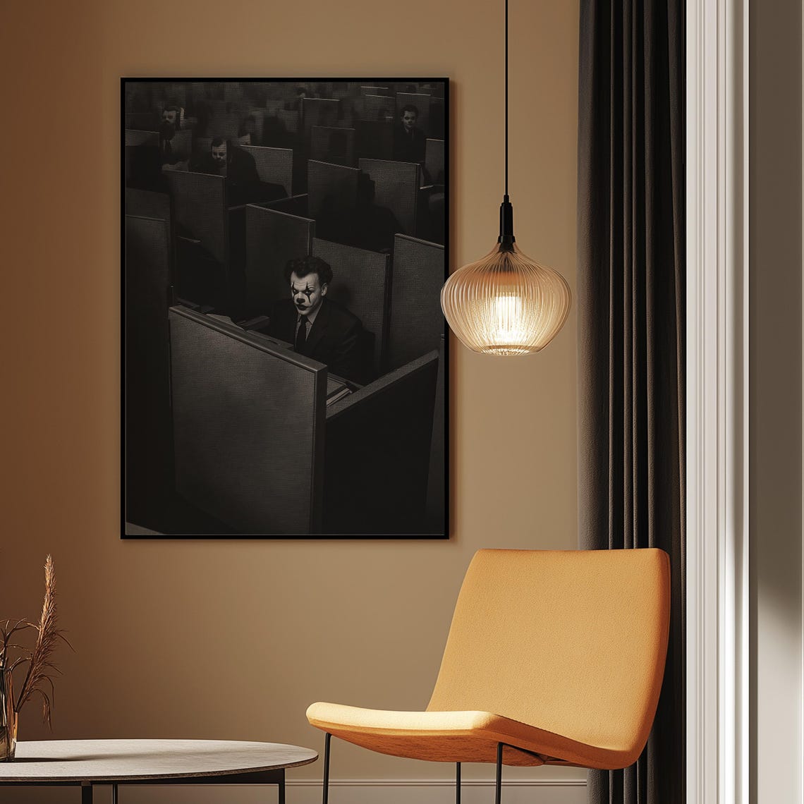 Lonely Clown in a Dark Grey Office Cubicle Maze Black White Poster - Image 2