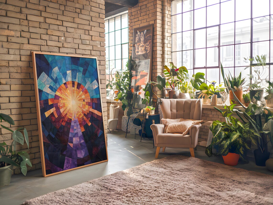 Mosaic Sun Geometric Abstract Blue Orange Stained Glass Art Poster - Image 2