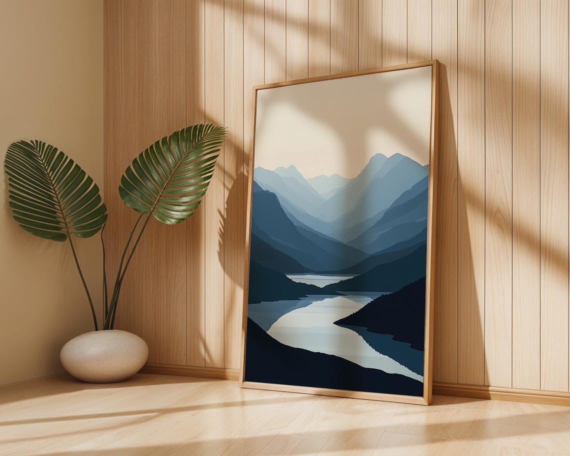 Layered Blue Mountain Ranges with Winding River Valley Art Poster - Image 4
