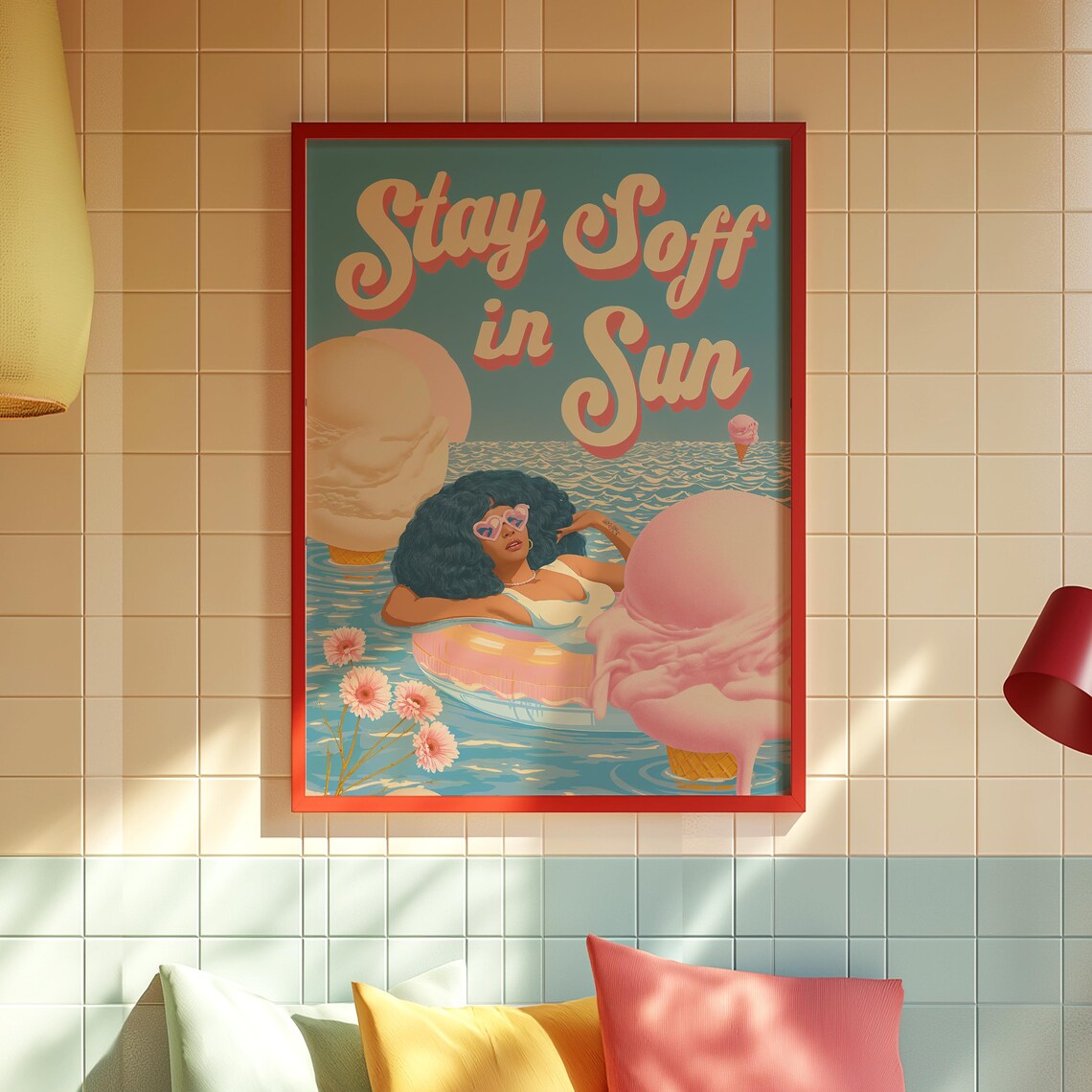 Stay Soft in Sun Pool Float Giant Ice Cream Scoops Retro Summer Girl Wall Art - Image 3