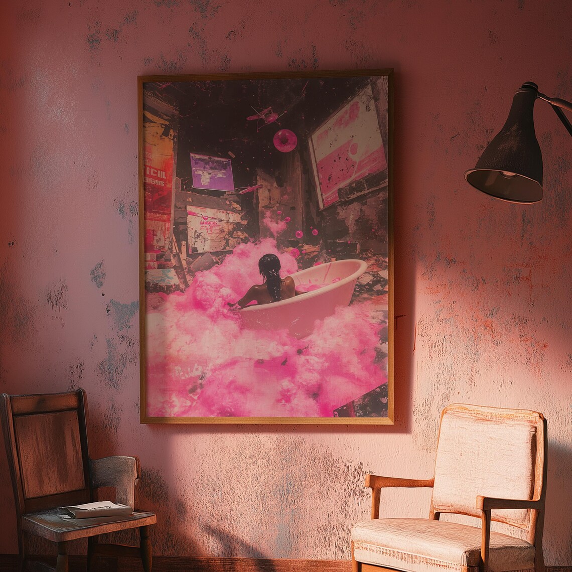 Pink Bath Dreamscape Cyberpunk Woman Neon Urban Fantasy Art Poster - Image 4