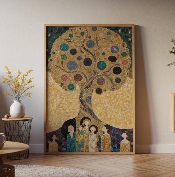 Golden Mosaic Tree Art Print Klimt Style Fantasy Poster Elegant Decorative Wall