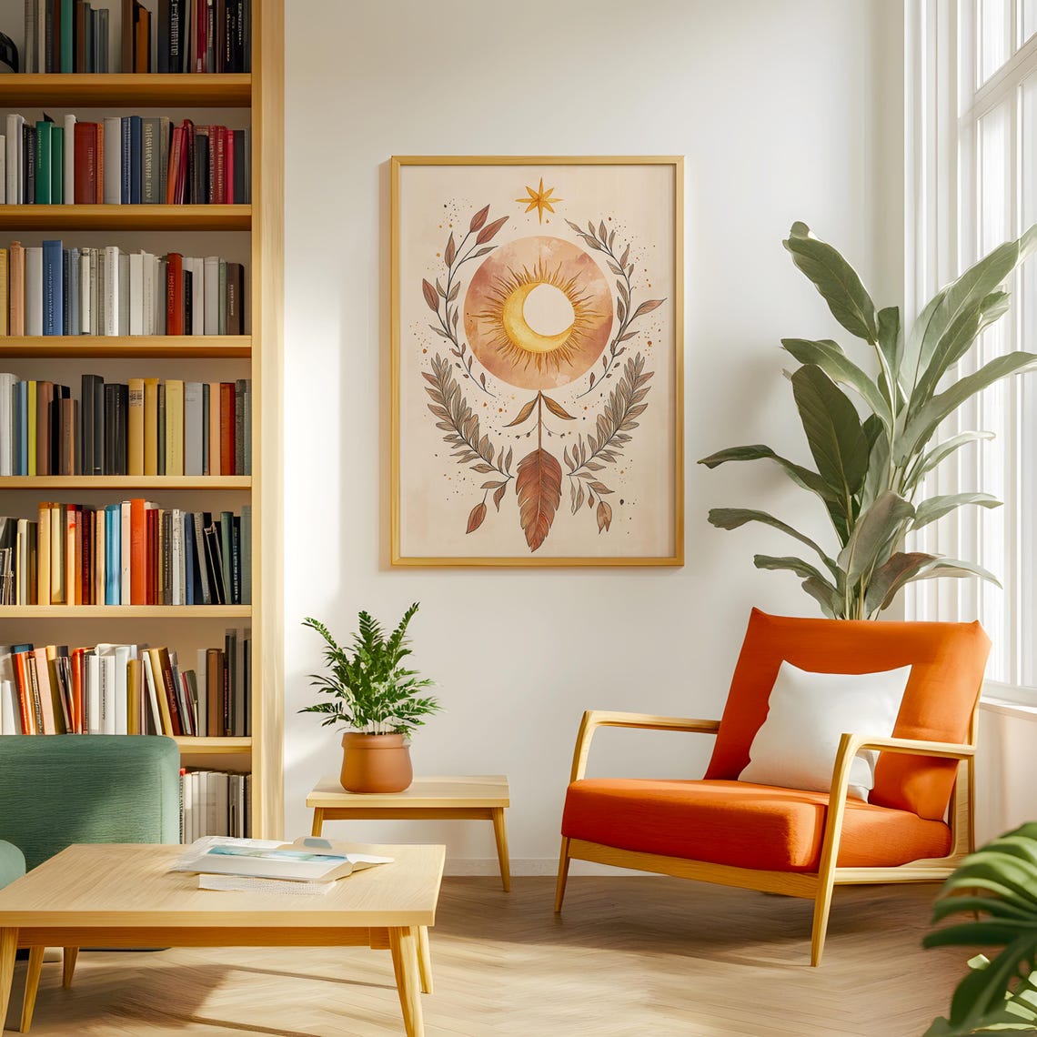 Boho Sun Moon Celestial Art Poster Leaf Wreath Feather Decor - Image 4
