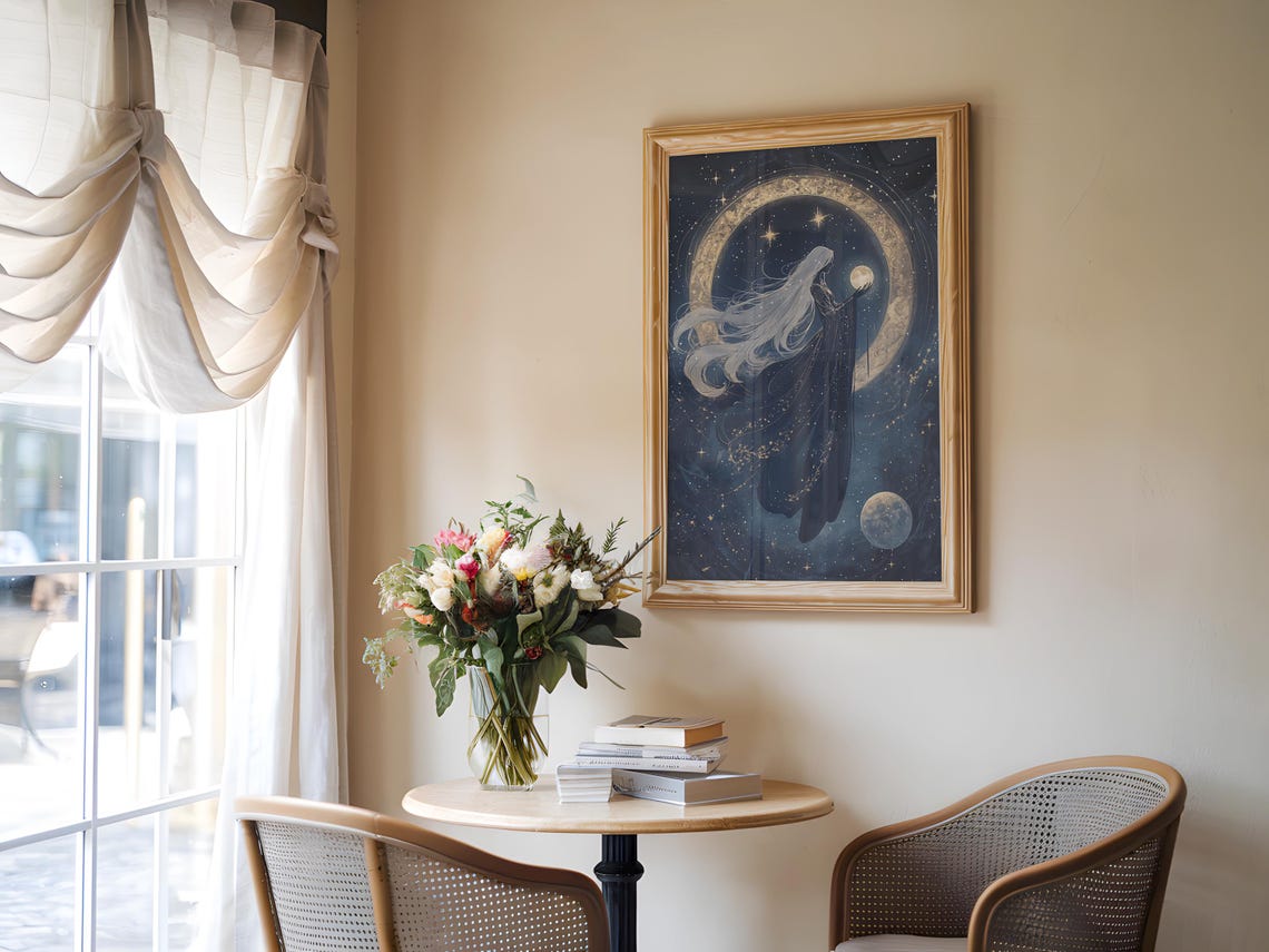 Golden Moon Ring Goddess White Hair Starry Night Celestial Poster - Image 4