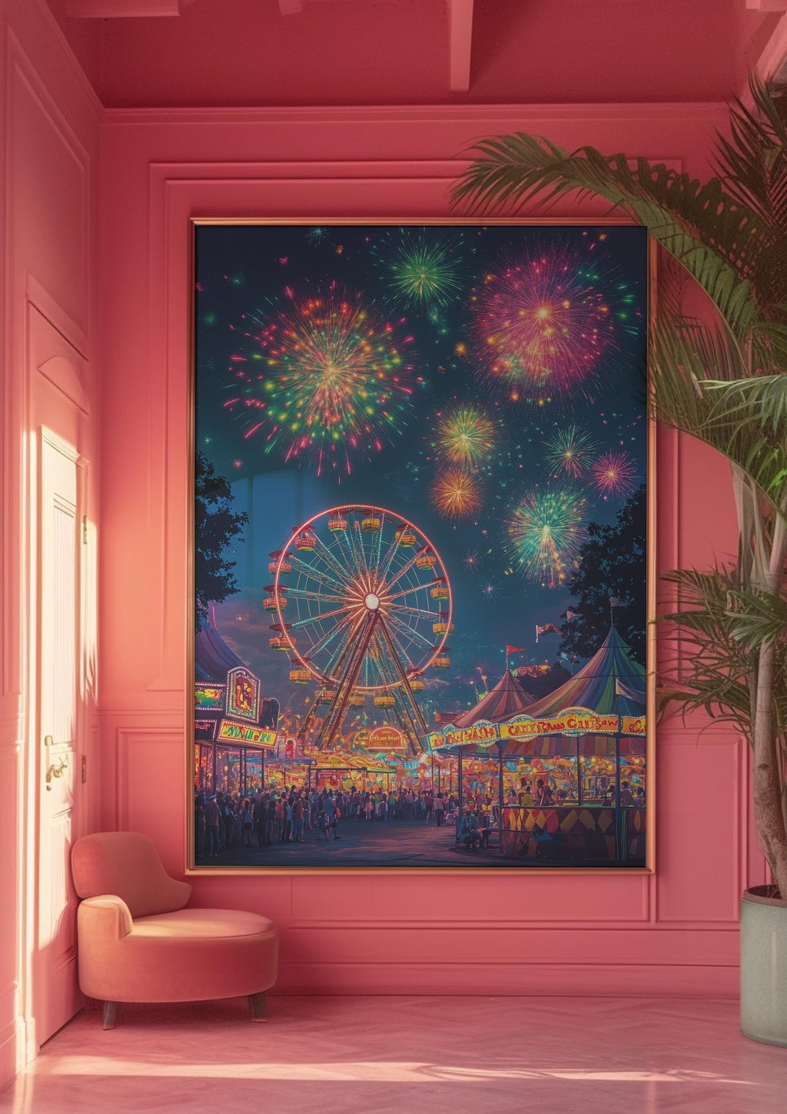 Night Carnival Fireworks Ferris Wheel Midway Lights Festival Poster - Image 4