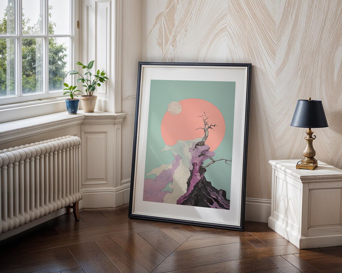 Surreal Lone Tree Pink Sun Mint Green Dream Landscape Wall Poster - Image 5