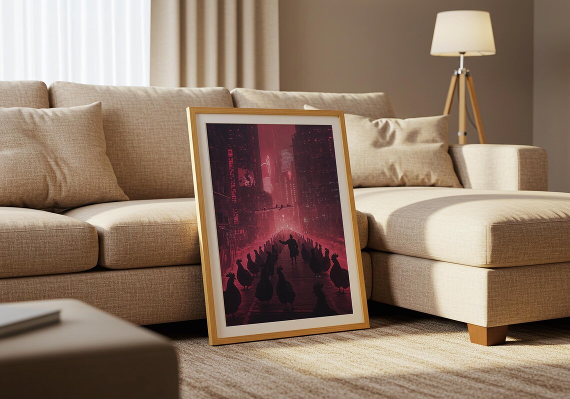 Urban Noir Rooster Parade Dark Red Cyberpunk Street Surreal Poster - Image 5