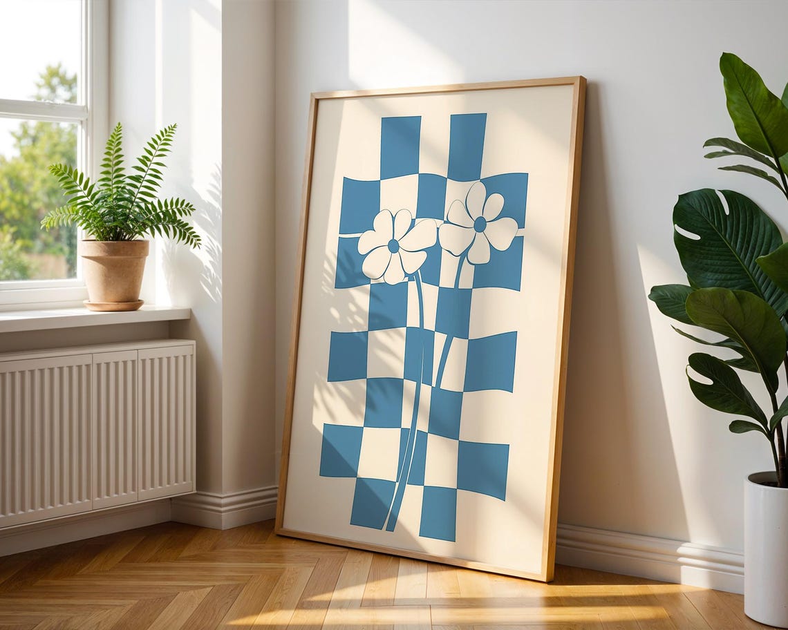 Blue Wavy Checkerboard with White Flowers Retro Boho Art Poster - Image 2