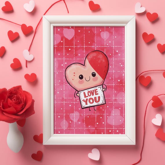 Cute Valentines Day Heart Print Kawaii Love You Art Romantic Wall Decor Adorable Poster Instant