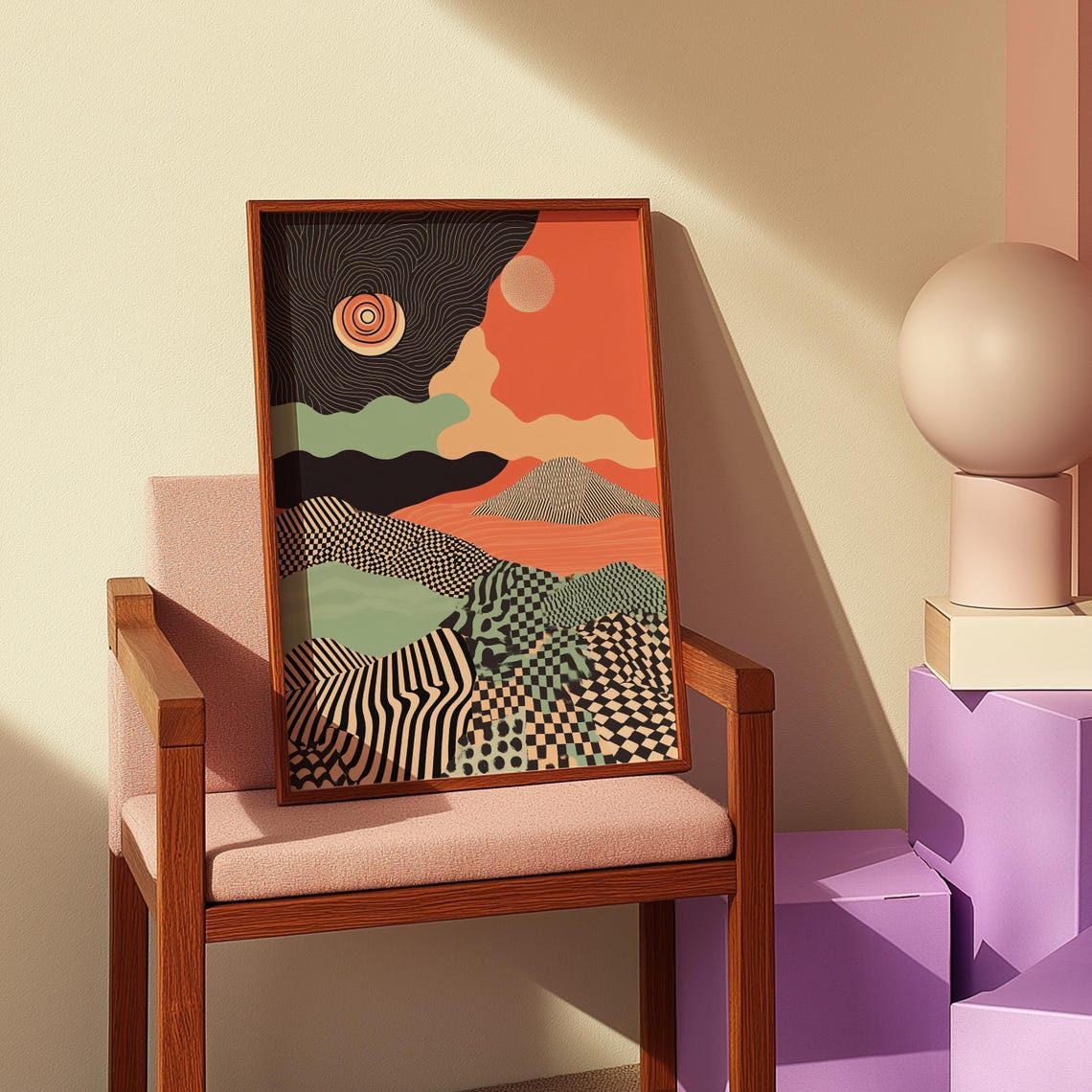 Abstract Patterned Hills Terracotta Sun Boho Landscape Poster - Image 2