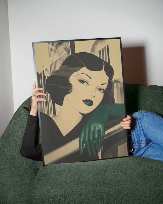 Art Deco Glamorous Woman Portrait Emerald Green Gloves Noir Poster