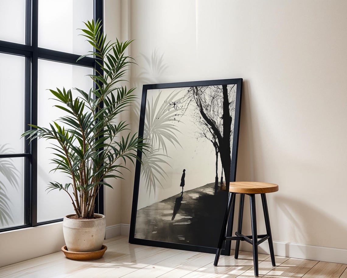 Lone Walker Minimalist Ink Landscape Black White Wall Poster - Image 3