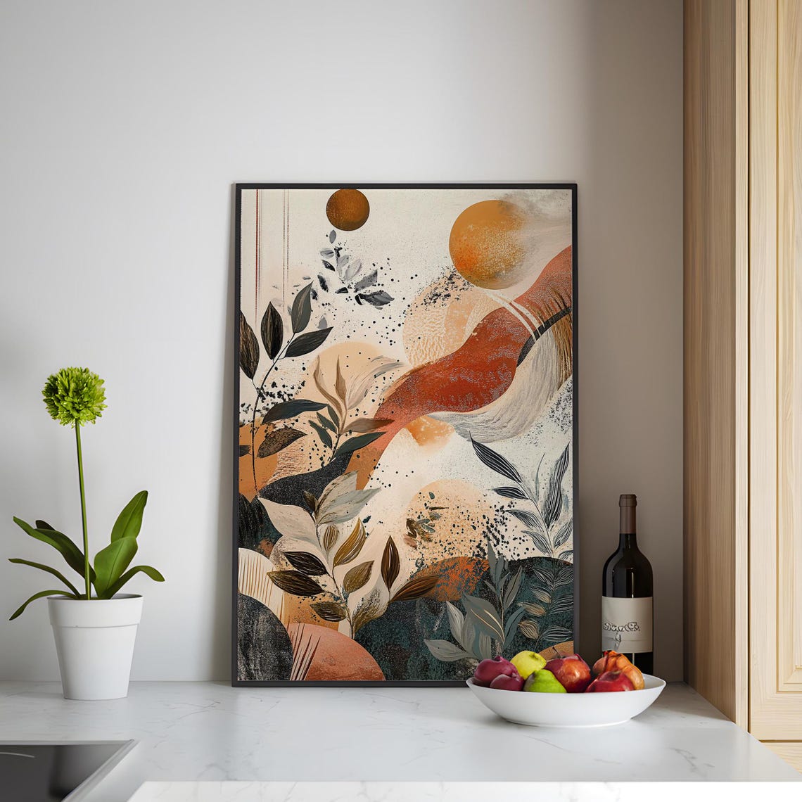 Earthy Terracotta Sun Abstract Art Print Warm Botanical Landscape