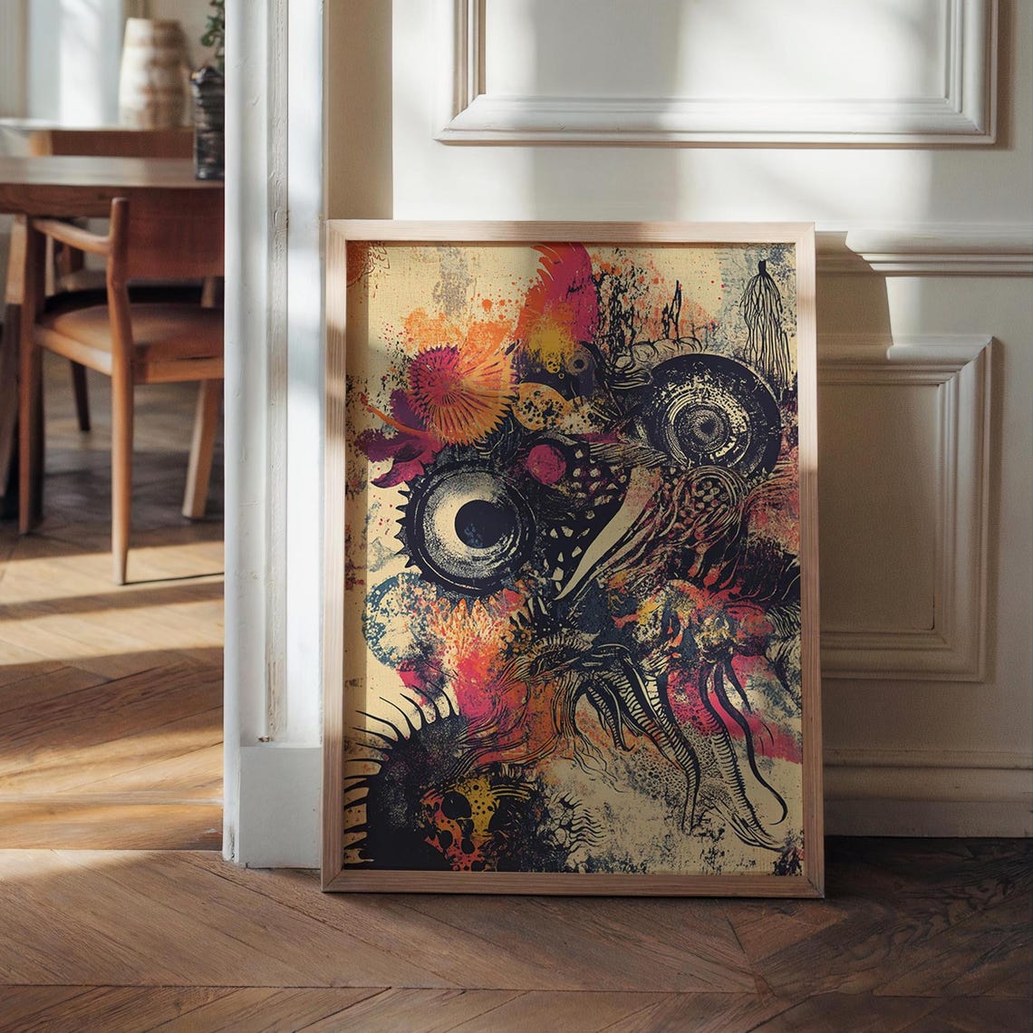 Surreal Grunge Eye Collage Art Poster Coral Black Modern Decor
