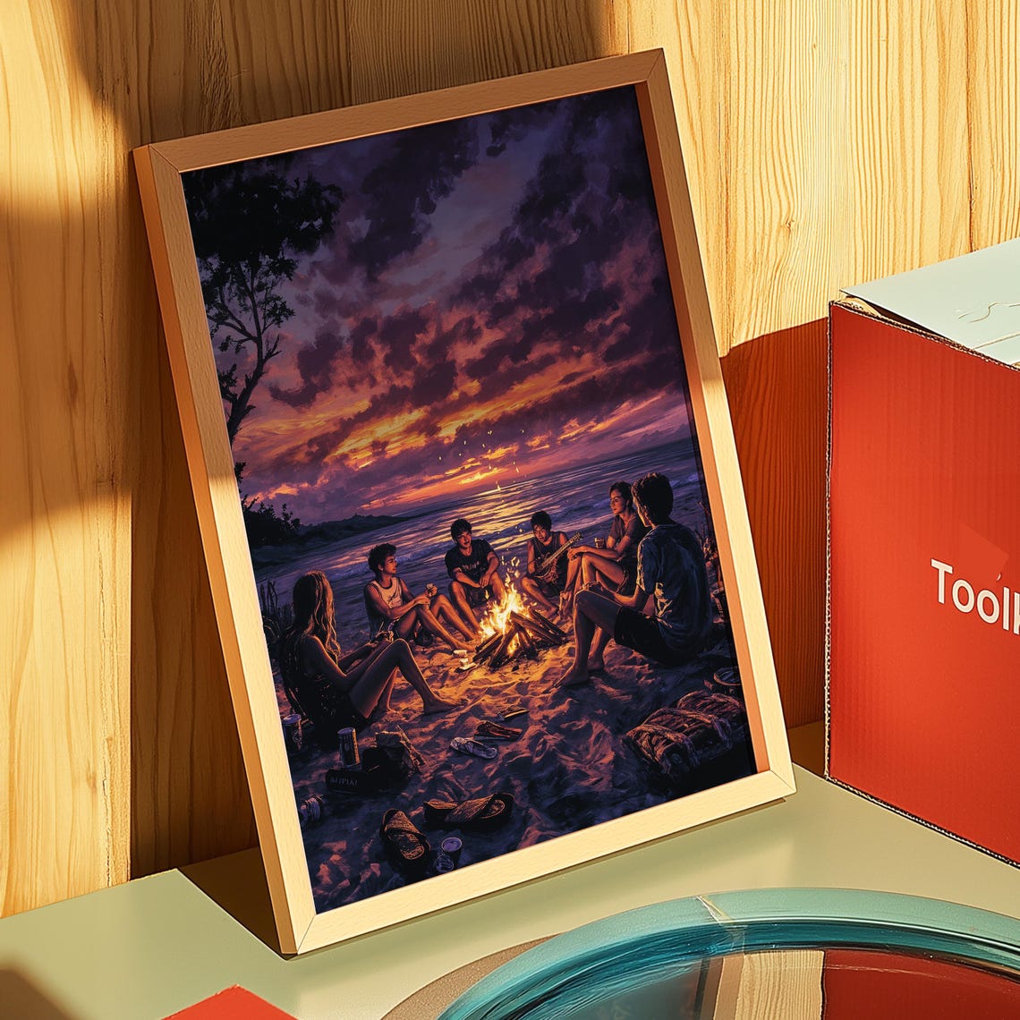 Beach Bonfire Sunset Friends Guitar Summer Night Ocean Art Poster - Image 2