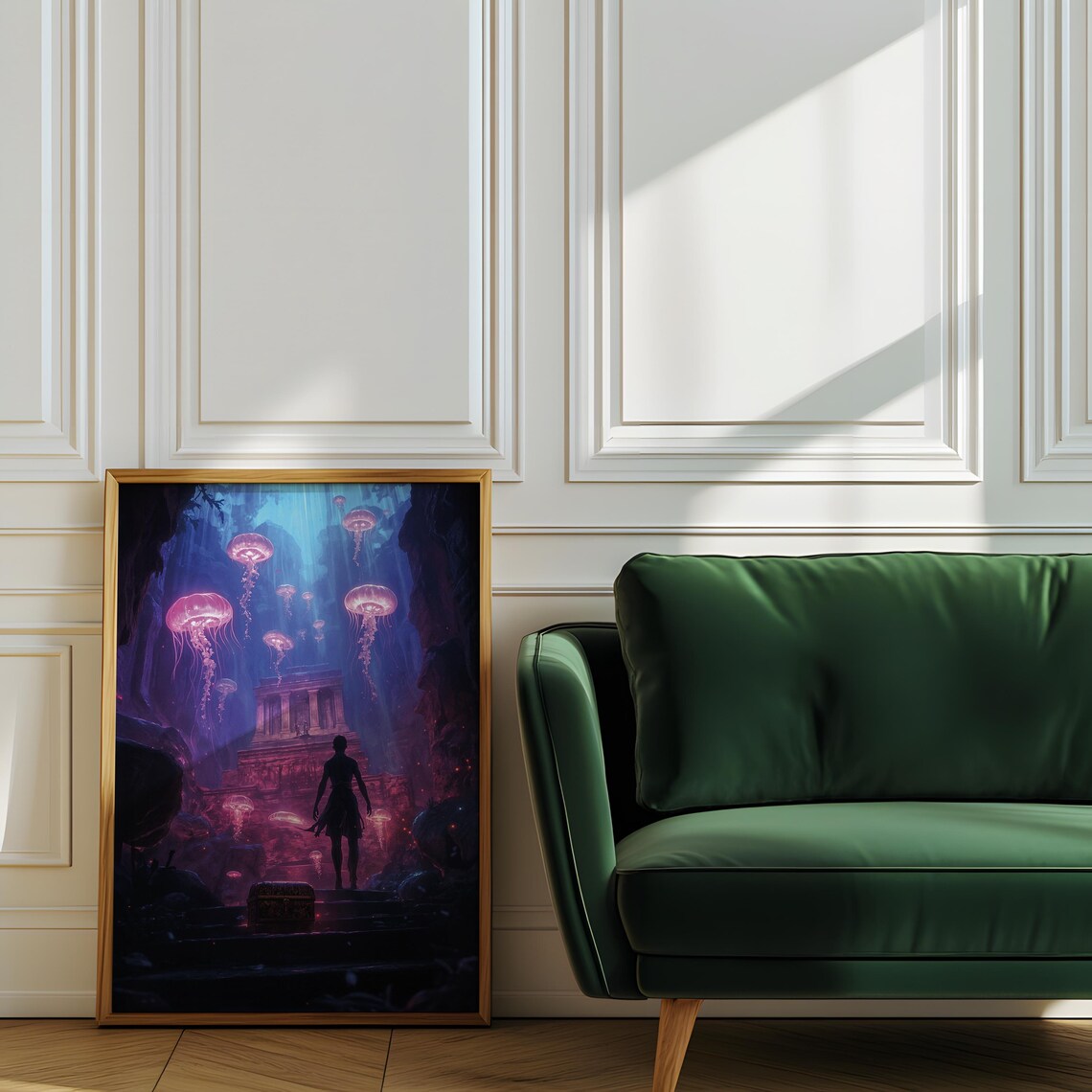 Glowing Pink Jellyfish Underwater Temple Diver Fantasy Adventure Poster - Image 4
