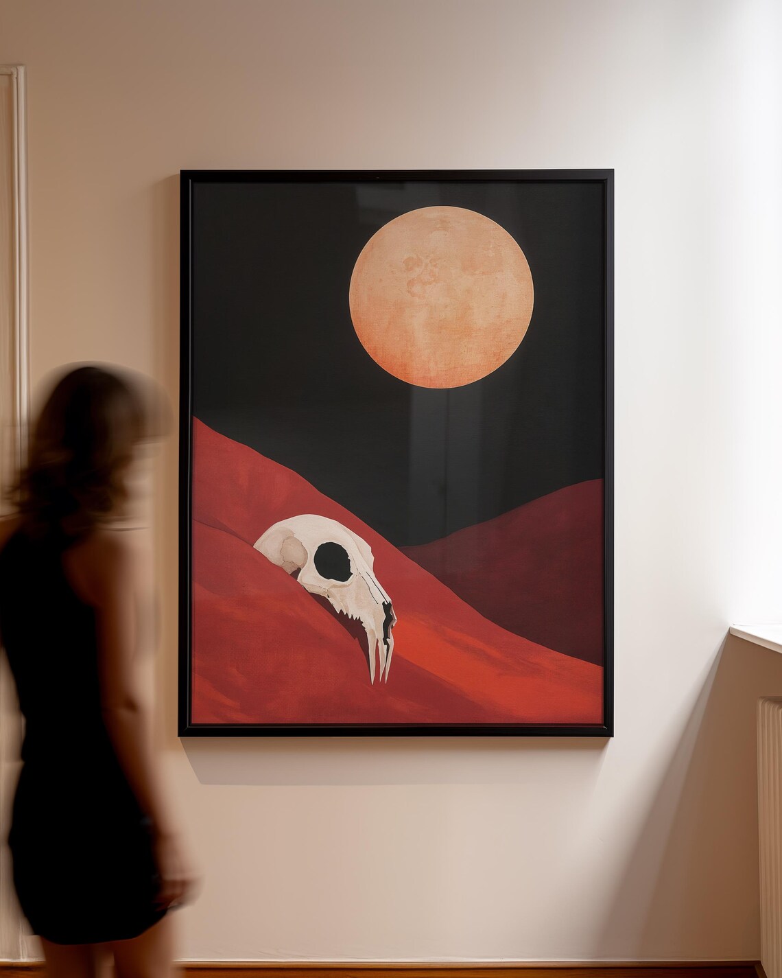 Animal Skull Resting in Red Desert Dunes Under a Huge Orange Moon Poster - Image 4