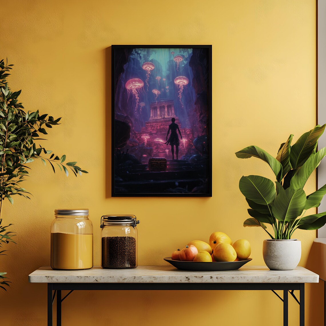 Glowing Pink Jellyfish Underwater Temple Diver Fantasy Adventure Poster - Image 2