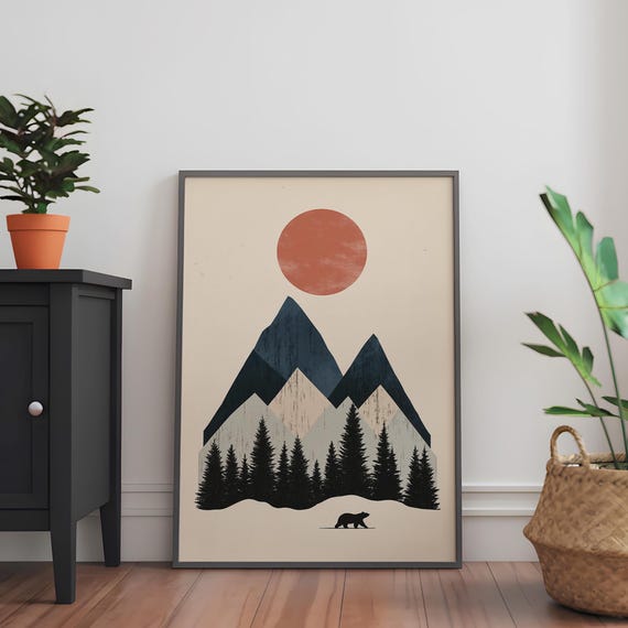 Minimalist Mountain Art Print Rustic Bear Sun Landscape Modern Nature Wall Decor