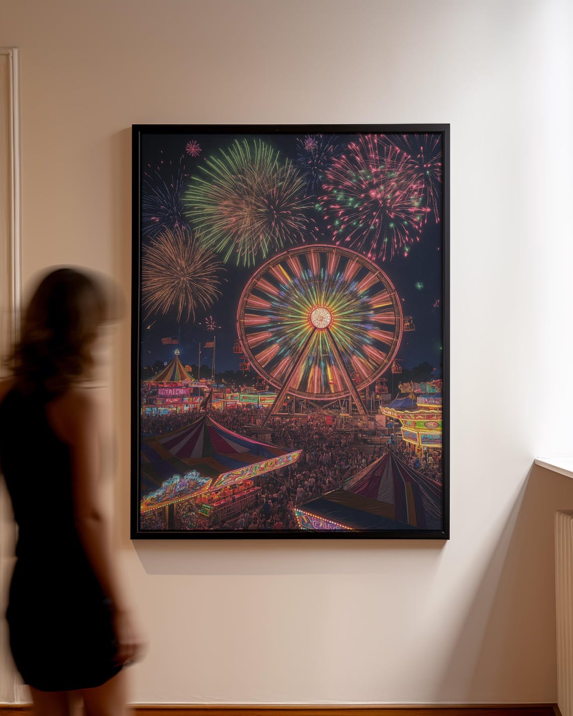 Fireworks Over Crowded Carnival Midway Ferris Wheel Night Poster - Image 3