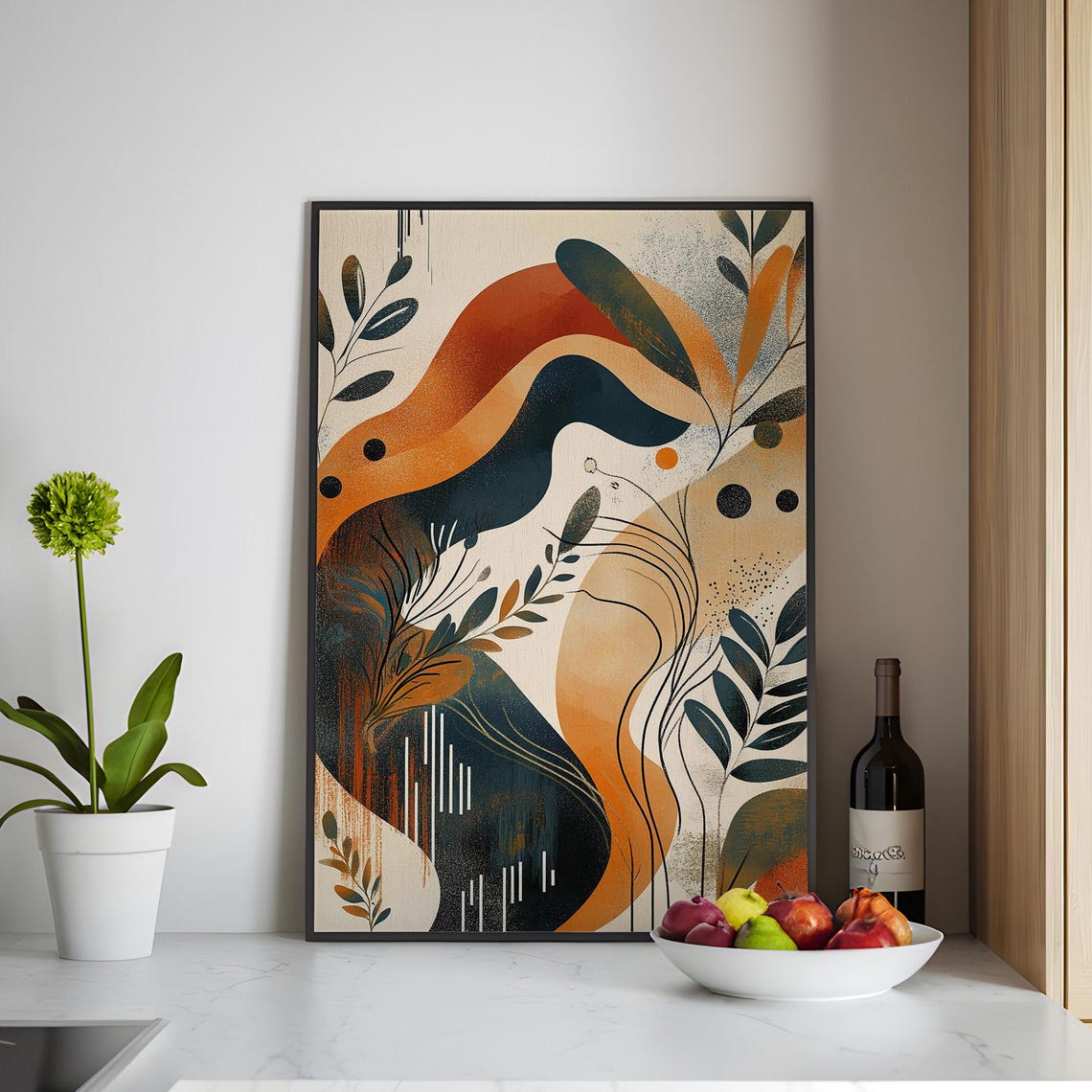 Mid Century Wavy Organic Abstract Art Print Rust Orange Navy