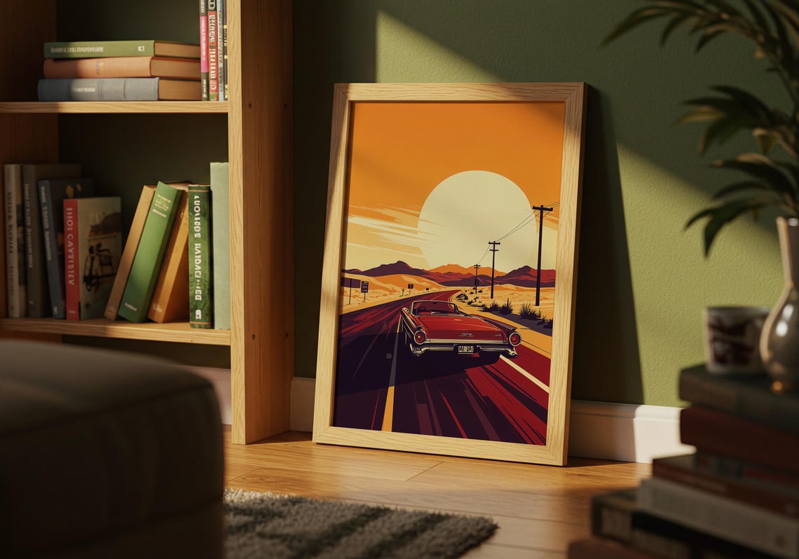 Classic Convertible Desert Highway Sunset Retro Drive Art Poster - Image 4