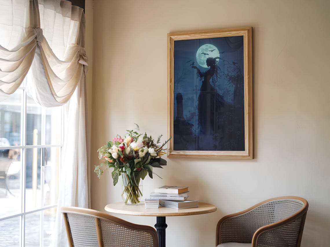 Gothic Lady Moonlit Graveyard Bats Midnight Fantasy Silhouette Poster - Image 3