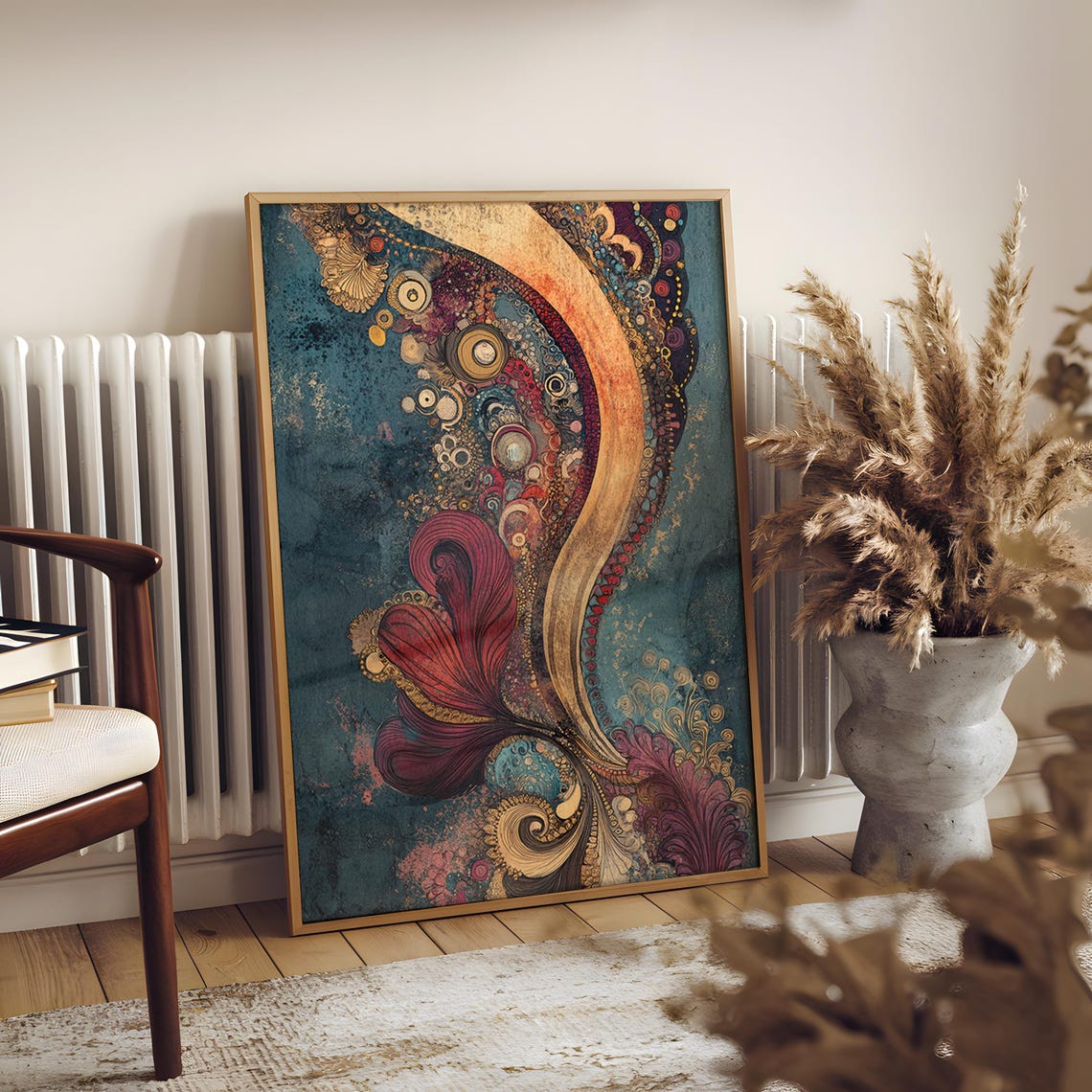 Ornate Copper Crimson Feather Abstract Art Print Teal Texture - Image 5